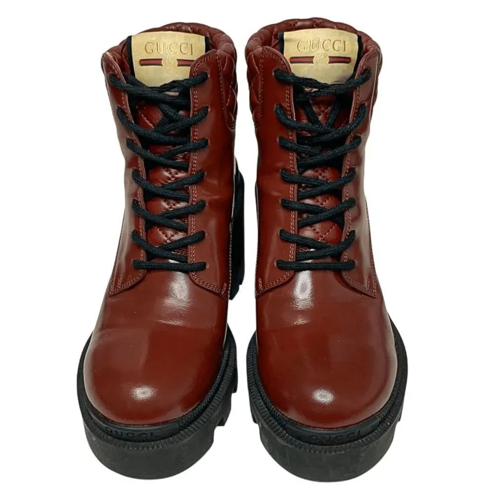 Gucci Magnum Garnet Red Patent Leather Lug Sole Lace Up Boots 37.5 Block Heel - Picture 2 of 12